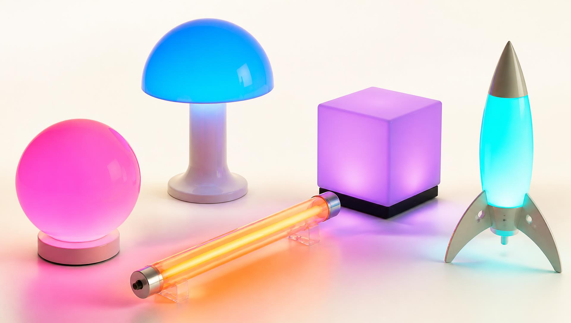 A collection of colourful LED lamps — orb, mushroom lamp, light tube, cube and rocket lamp — glowing pink, blue, orange, violet and cyan